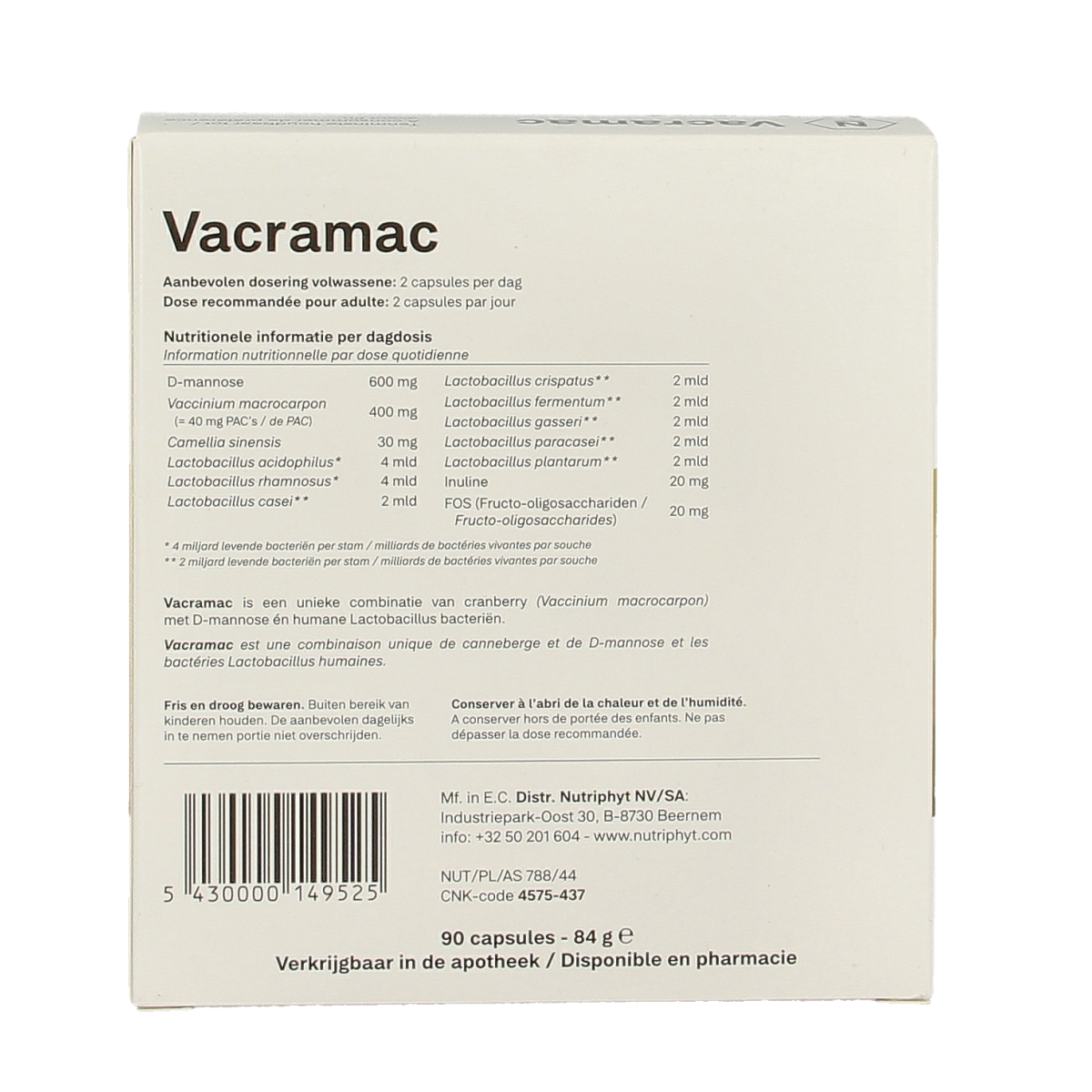 Nutriphyt Vacramac 90 capsules containing micro-organisms supplement, shown in a close-up image with capsules and packaging.