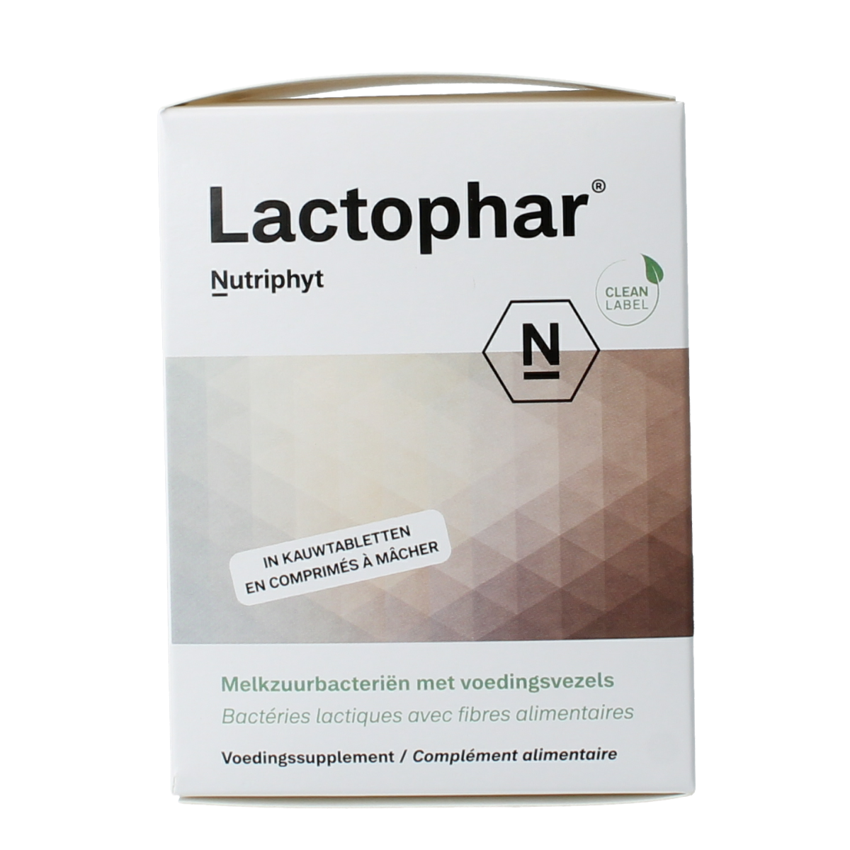 Nutriphyt Lactophar probiotic tablets featuring micro-organisms, shown in a container with 90 tablets for digestive health.