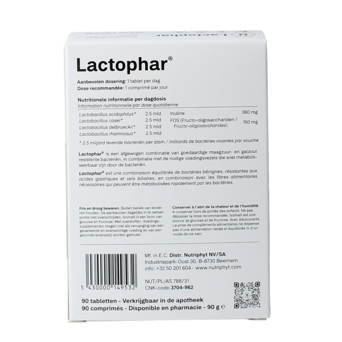 Nutriphyt Lactophar 90 micro-organism tablets in a blister pack, dietary supplement for digestive health.