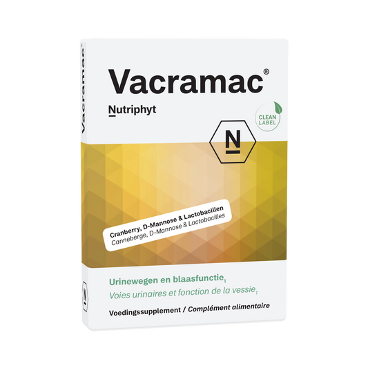 Nutriphyt Vacramac 10.00 capsules featuring micro-organismen supplement in a clear bottle with a white label.