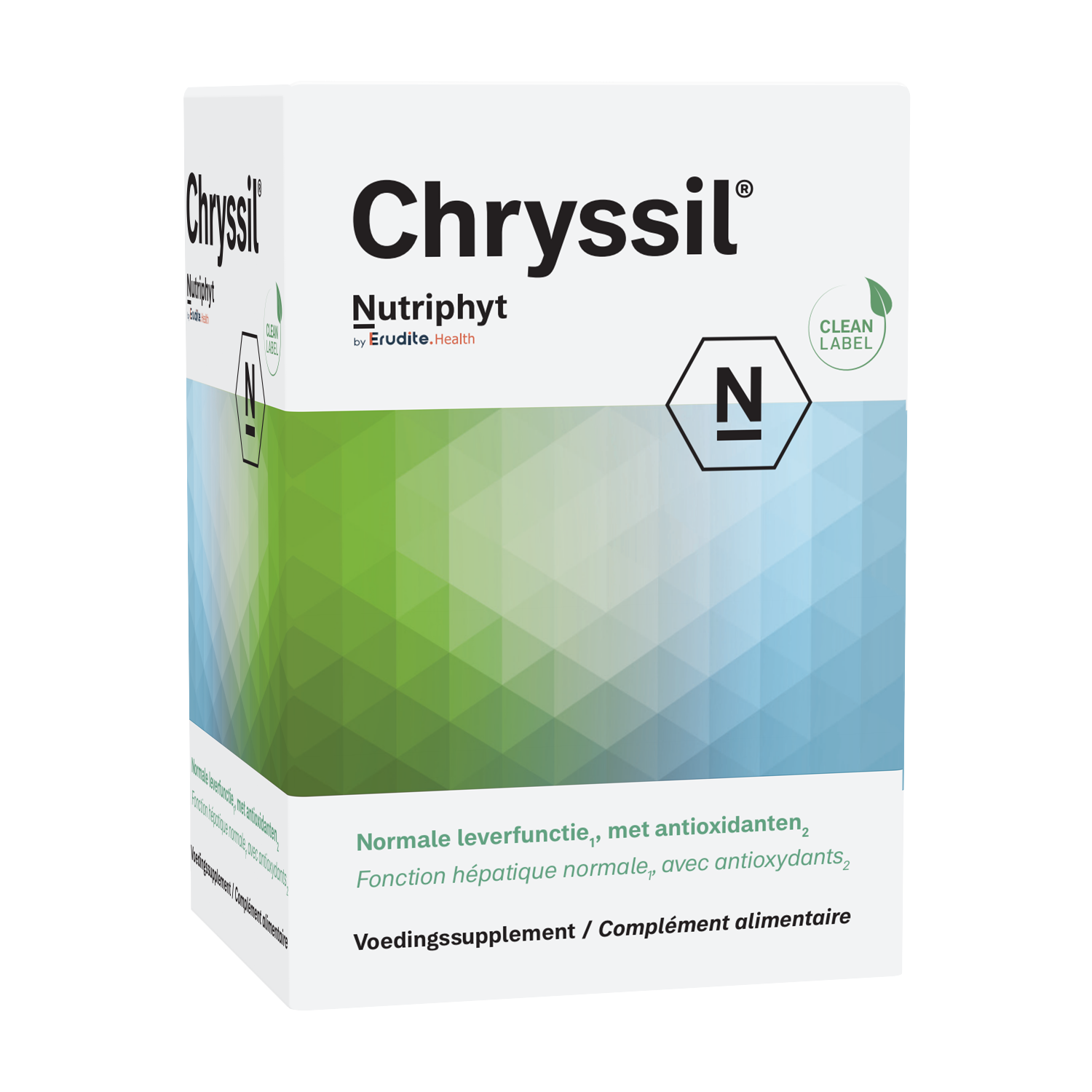Nutriphyt Chryssil herbal supplement capsules in a white container, showcasing the Nutriphyt brand and product packaging.