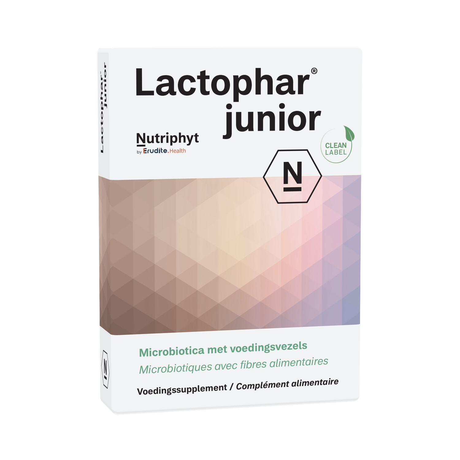 Nutriphyt Lactophar Junior probiotic capsules for children, containing beneficial micro-organisms in a white bottle.