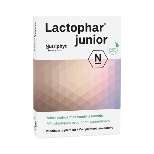 Nutriphyt Lactophar Junior probiotic capsules for children, containing beneficial micro-organisms in a white bottle.