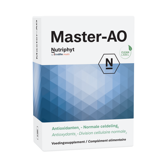 Nutriphyt Master-AO amino acid capsules in a clear bottle, showing white capsules with label details on the packaging.