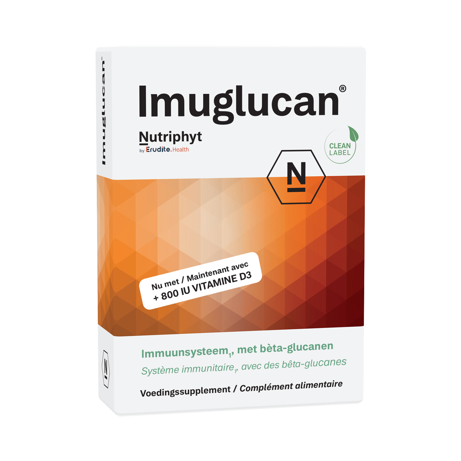 Nutriphyt Imuglucan vegetarian herbal capsules in a clear bottle, showing the product label and capsules inside.