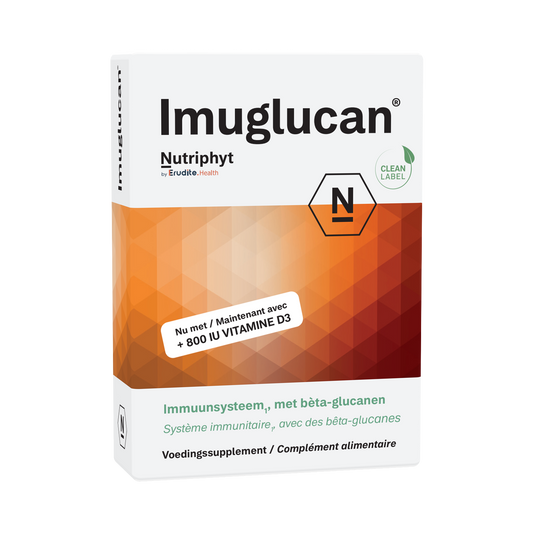 Nutriphyt Imuglucan vegetarian herbal capsules in a clear bottle, showing the product label and capsules inside.