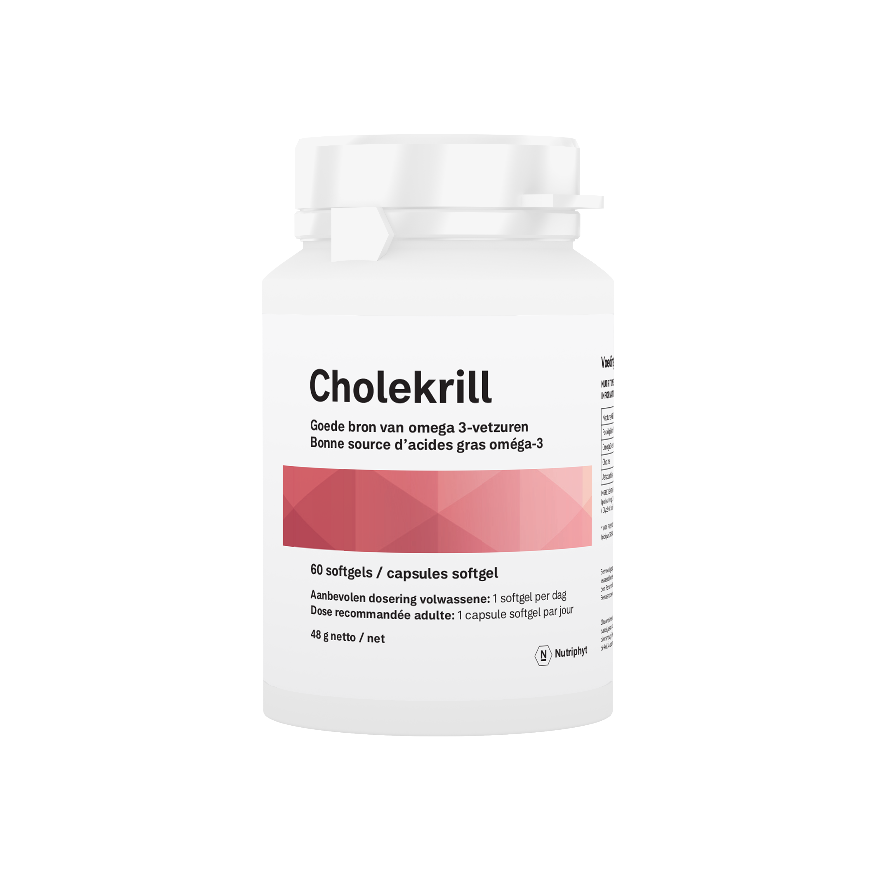 Nutriphyt Cholekrill Vetzuren softgels in a bottle, dietary supplement with omega-3 fatty acids and natural ingredients.
