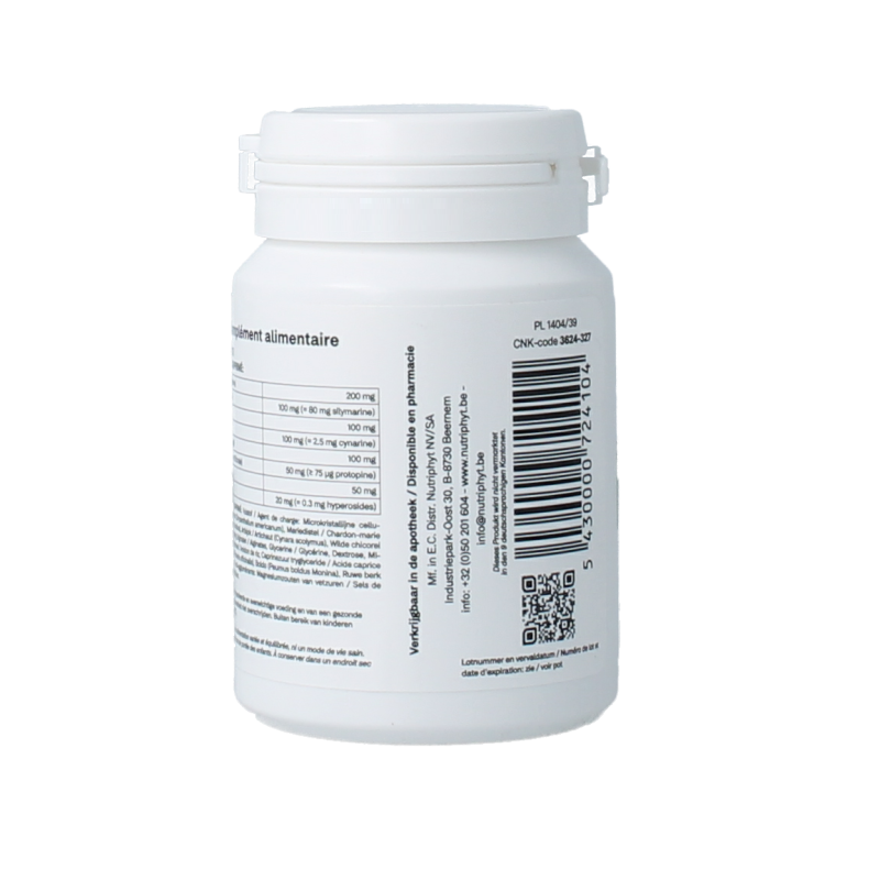 Nutriphyt Detoxiphar 60 herbal supplement tablets in a white container with label displaying product details and branding.