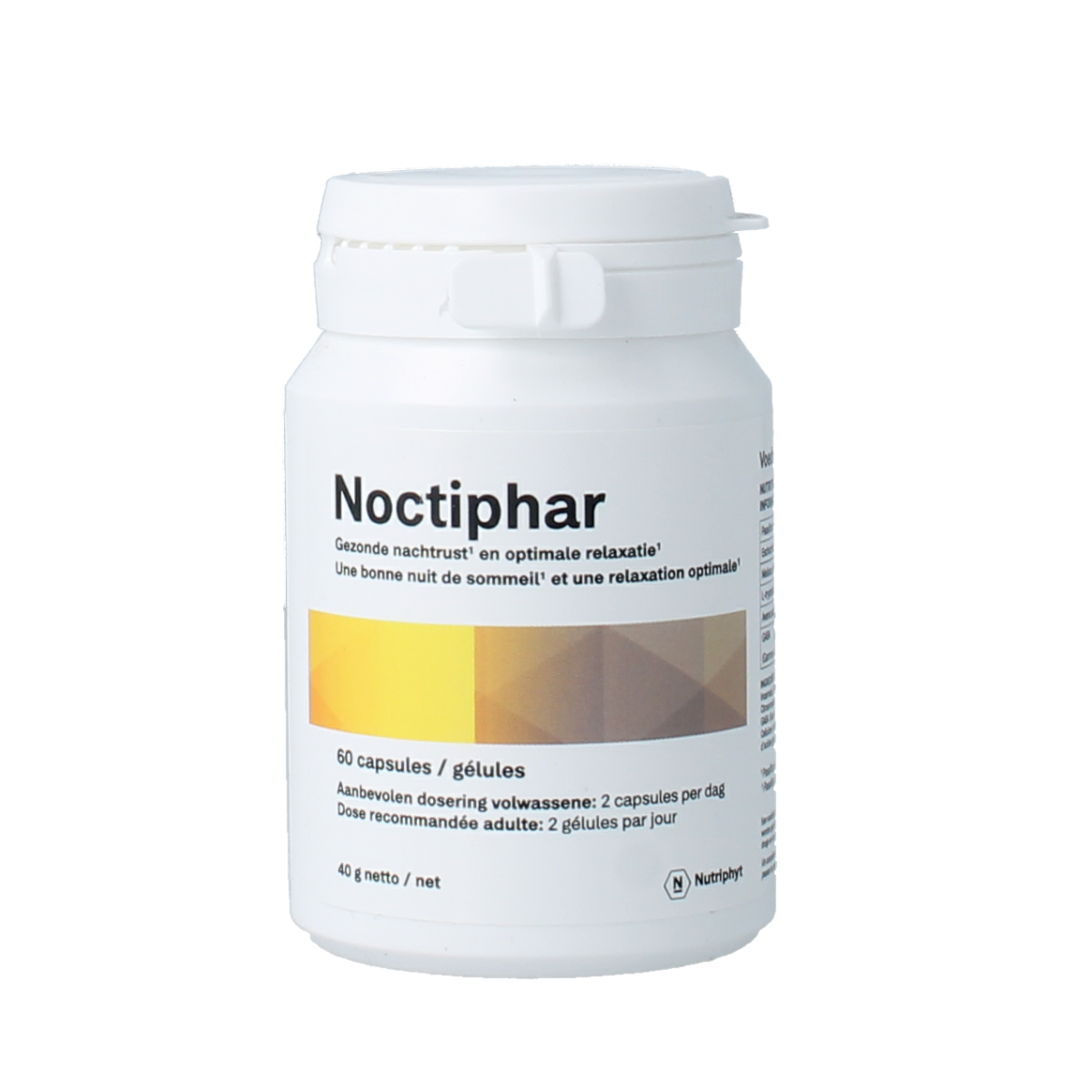 Nutriphyt Noctiphar herbal capsules for relaxation and sleep support, featuring natural herbal ingredients in a clear container.