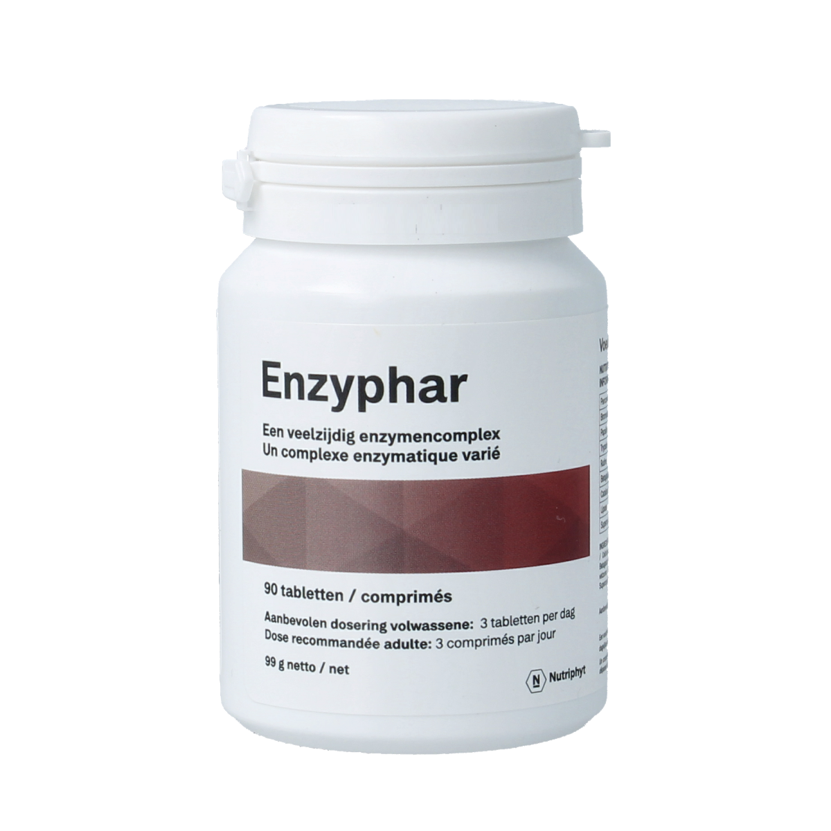 Nutriphyt Enzyphar 90 tablets, fiber and enzyme supplement, showing the bottle and tablets inside.