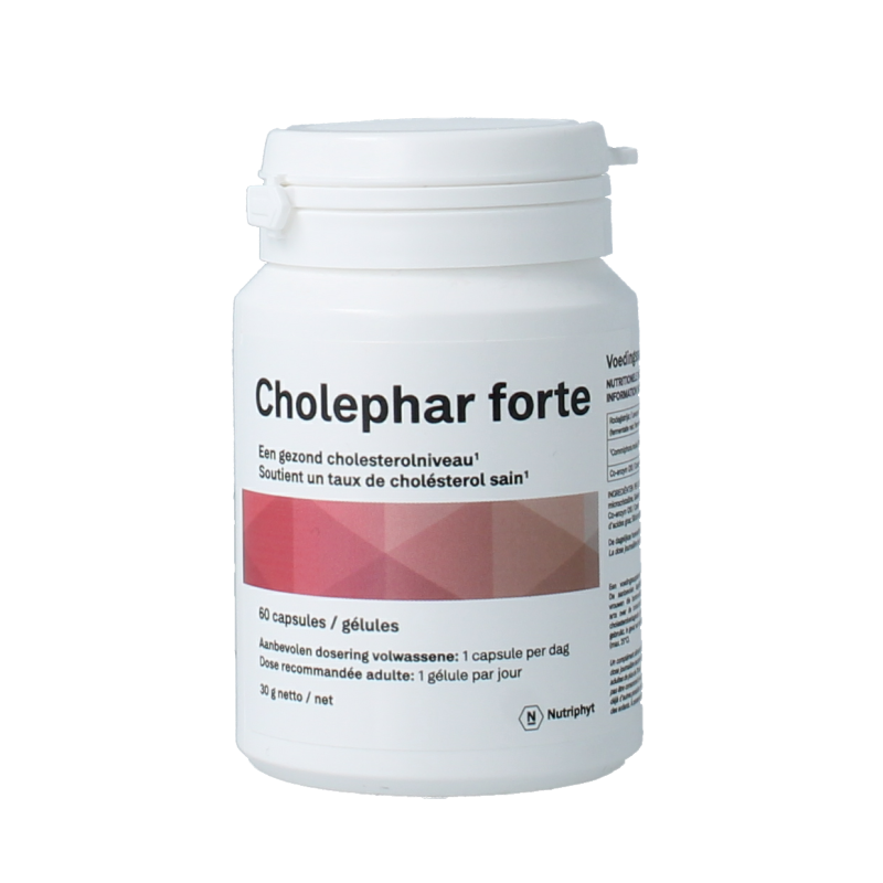 Nutriphyt Cholephar forte herbal supplement capsules in a bottle, designed for digestive and liver support.