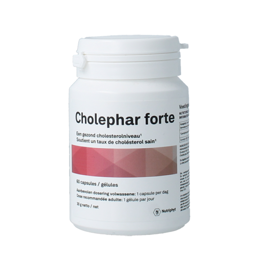 Nutriphyt Cholephar forte herbal supplement capsules in a bottle, designed for digestive and liver support.