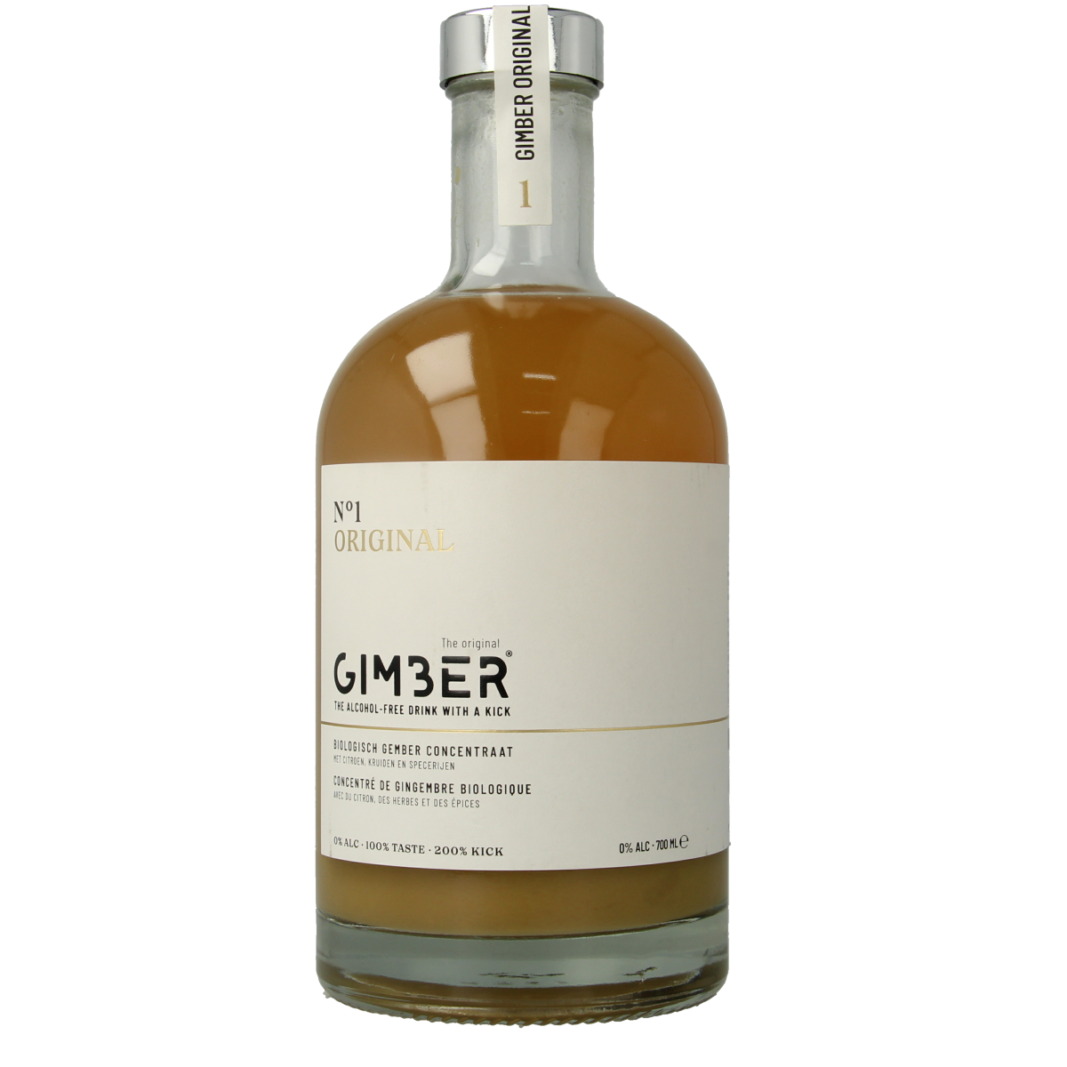 Gimber No. 1 organic ginger concentrate bottle, 700ml, in clear glass with label, for drinks and beverages.