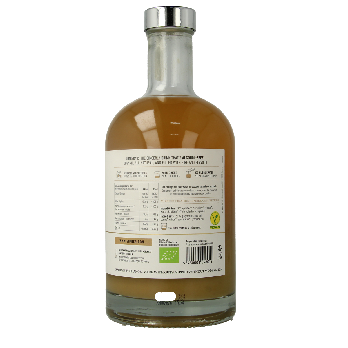Gimber No. 1 organic ginger concentrate bottle, 700ml, in a clear glass container with a label, for drinks and beverages.