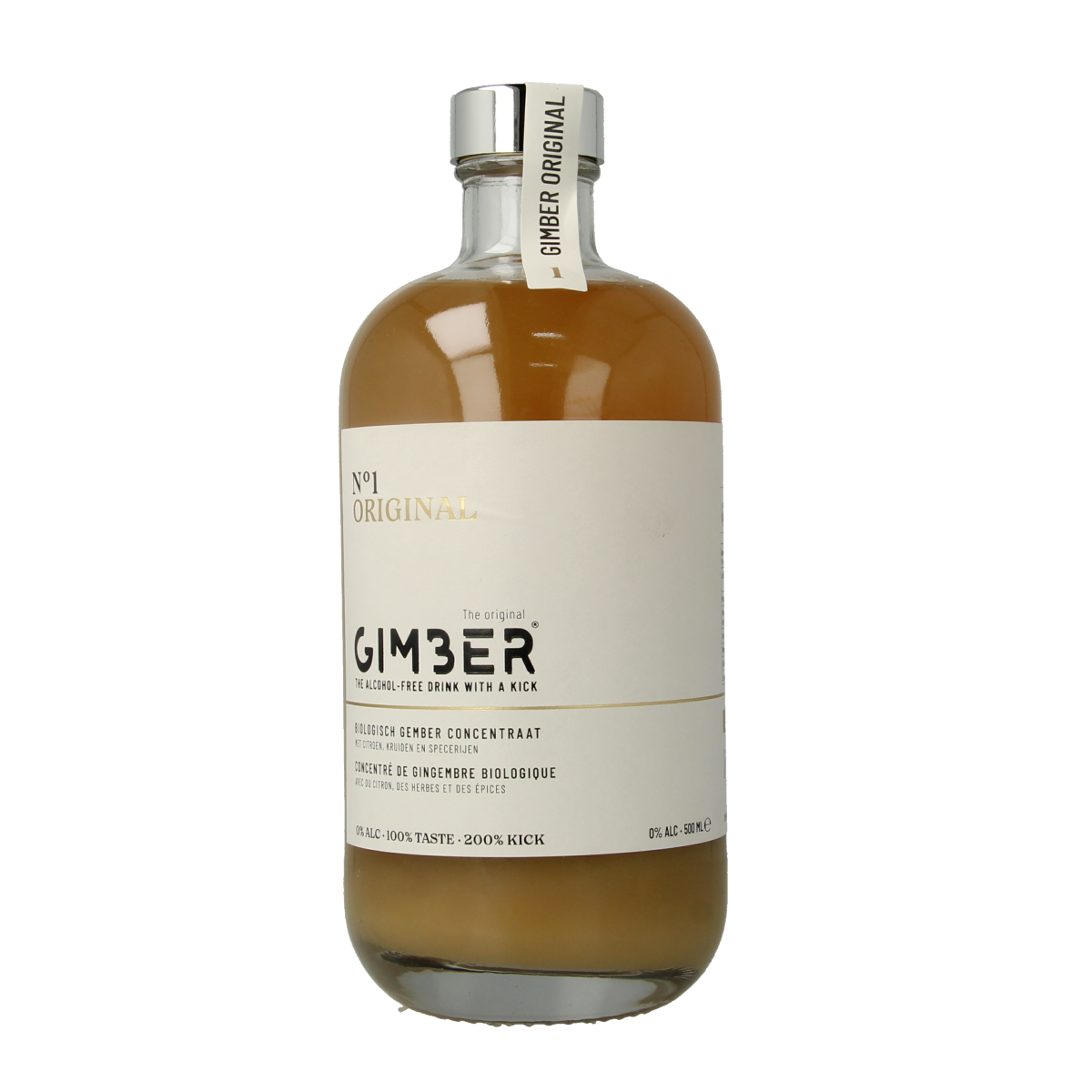Gimber No. 1 organic ginger concentrate bottle, 500ml, in a clear glass container with a white label and black cap.