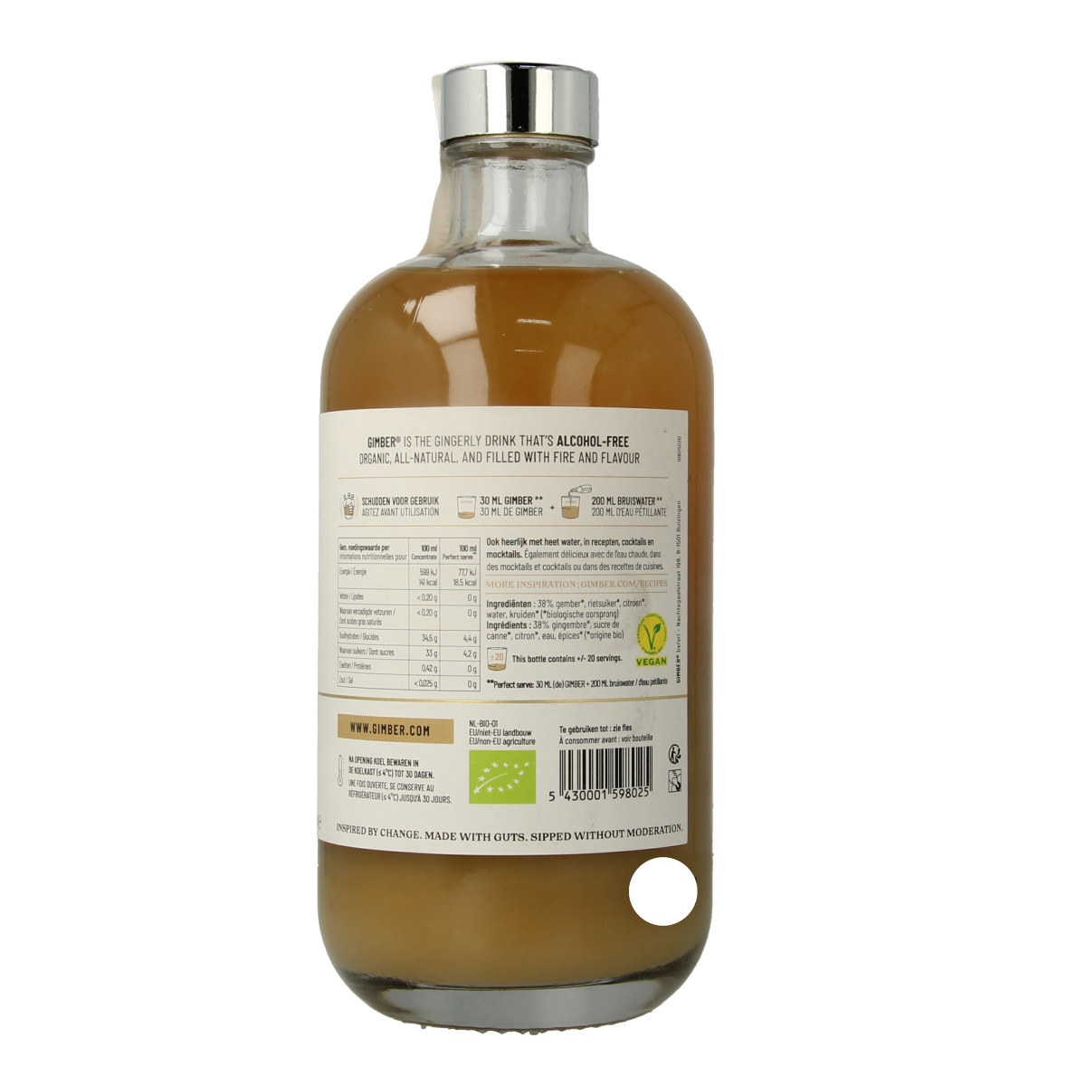 Gimber No. 1 organic ginger concentrate bottle, 500ml, in a clear glass bottle with a label featuring the Gimber brand and product details.