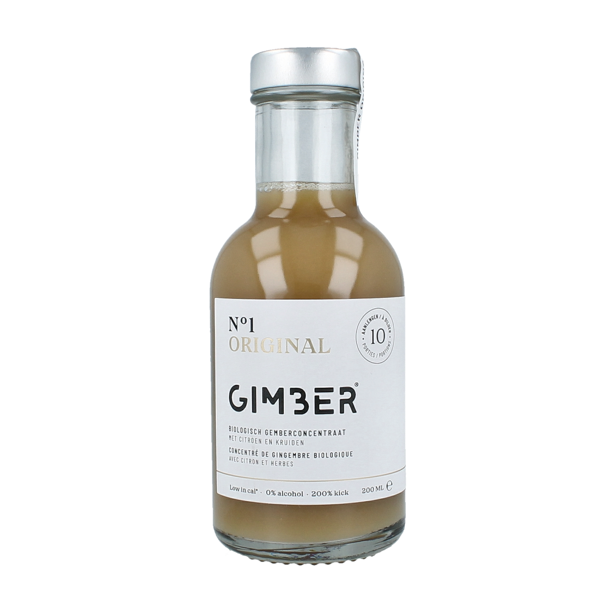 Gimber No. 1 organic ginger concentrate bottle, 200ml, for drinks and beverages, with label and cap visible.