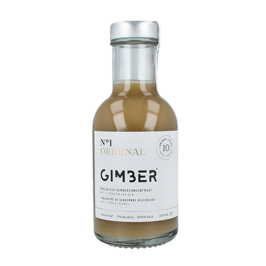 Gimber No. 1 organic ginger concentrate bottle, 200ml, for drinks and beverages, with label and cap visible.