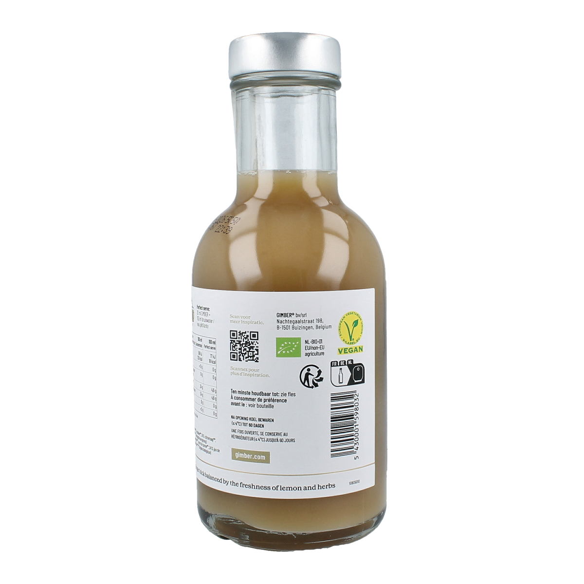 Gimber No. 1 organic ginger concentrate bottle, 200ml, in a clear glass container with a label, for drinks and beverages.