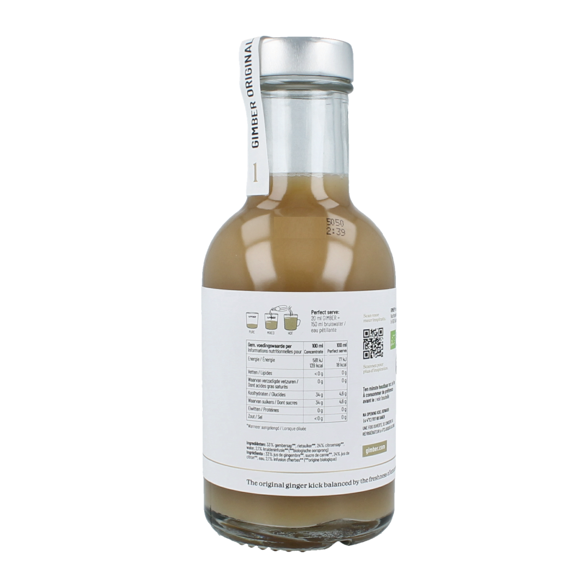 Gimber No. 1 organic ginger concentrate bottle, 200ml, in a glass bottle with a label showing ginger root and brand name.