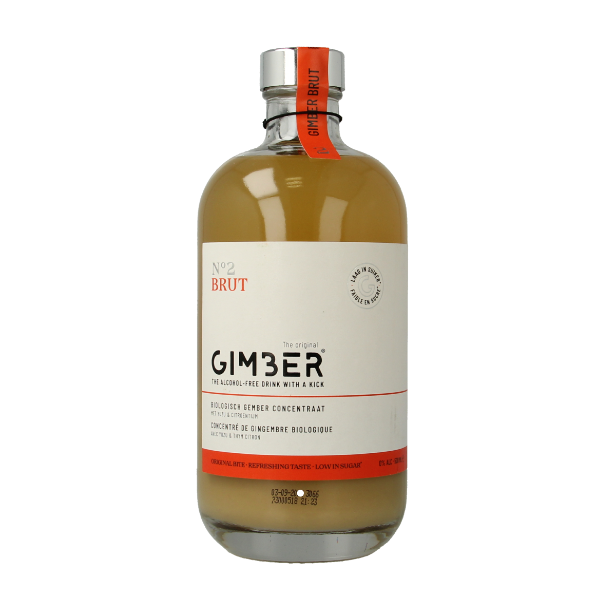 Gimber Brut bio flavored drink in a 500ml bottle, natural ginger beverage from Gimber in clear glass bottle