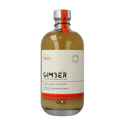 Gimber Brut bio flavored drink in a 500ml bottle, natural ginger beverage from Gimber in clear glass bottle