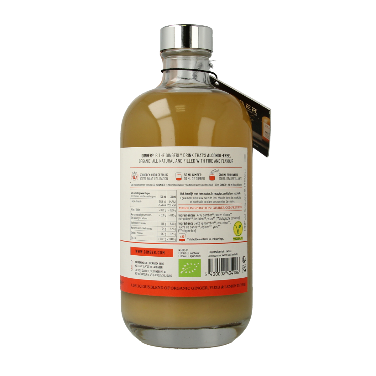 Gimber Brut bio herbal drink in 500ml bottle, natural and organic, with a clear view of the label and bottle shape.