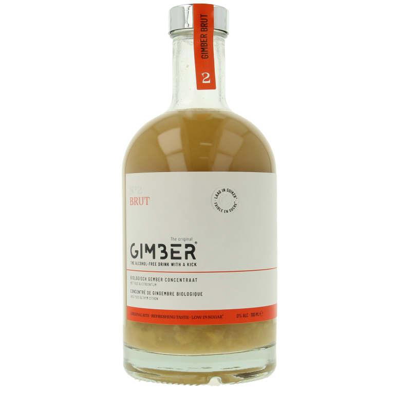 Gimber Brut bio 700ml bottle of organic ginger drink in clear glass with label and cap, on a plain background.