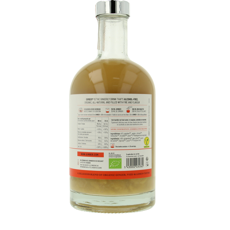 Gimber Brut bio ginger drink in a 700ml bottle, organic beverage in a clear glass with label visible