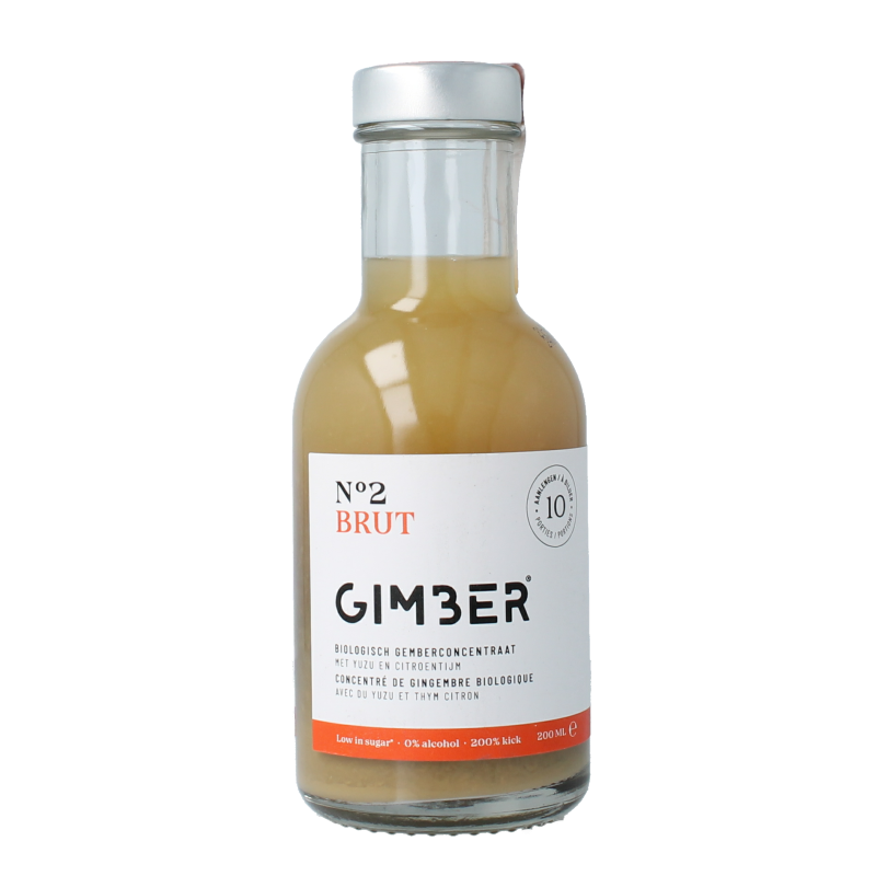 Gimber Brut bio herbal drink in 200ml glass bottle, showcasing the label and cap of the organic beverage.