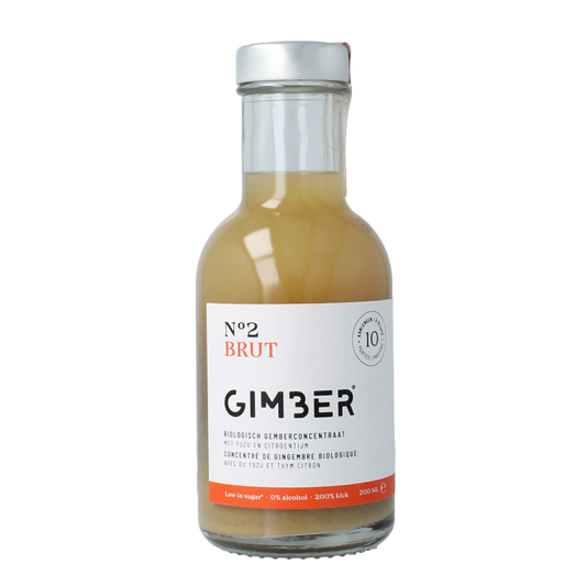 Gimber Brut bio herbal drink in 200ml glass bottle, showcasing the label and cap of the organic beverage.