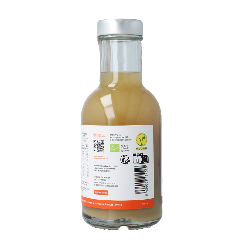 Gimber Brut bio 200ml organic ginger drink in a clear glass bottle, labeled with Gimber branding and product details.