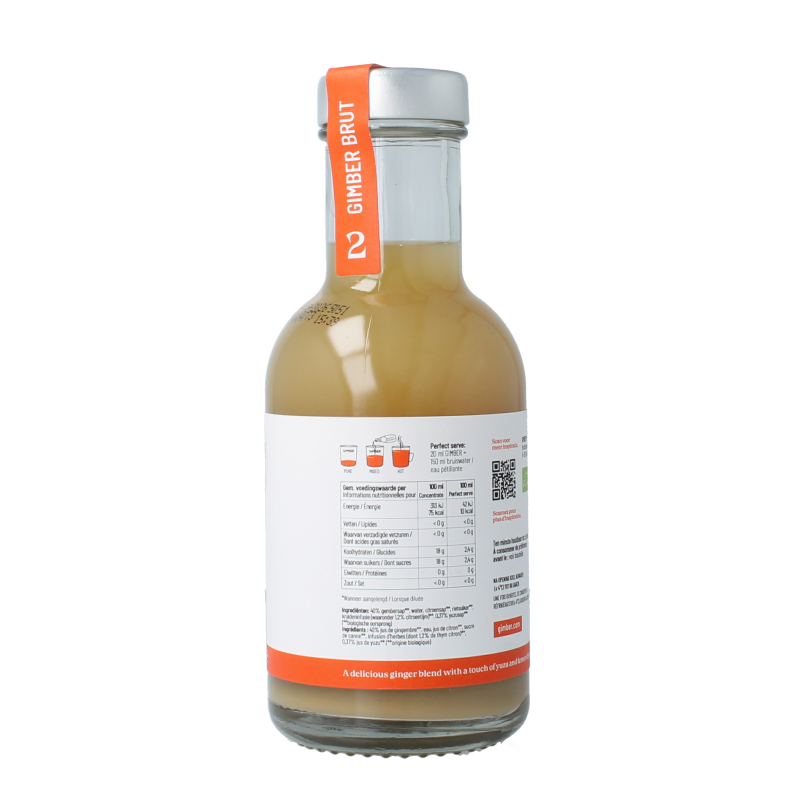 Gimber Brut bio ginger drink in a 200ml bottle, natural organic beverage with a clear label and golden liquid inside.