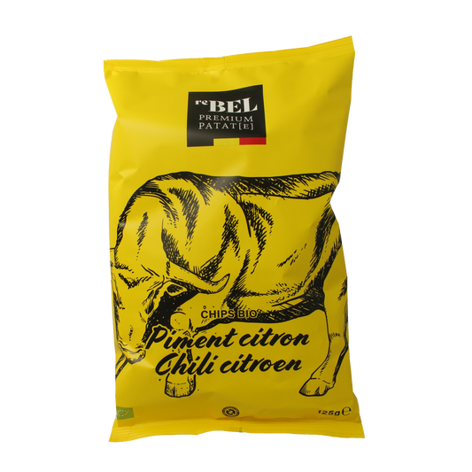 reBEL chili lemon organic potato chips in 125g bag, showing crispy chips with chili and lemon flavoring.