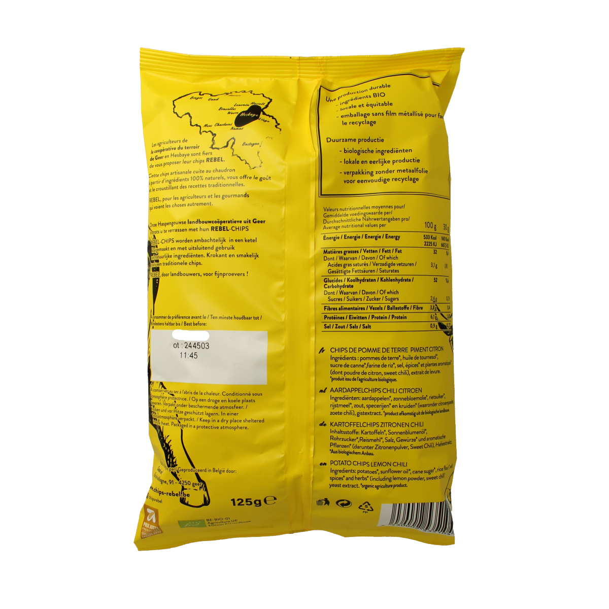 reBEL chili lemon organic potato chips in 125g bag, featuring spicy chili and zesty lemon flavor, crispy snack from Chips en Zoutjes line