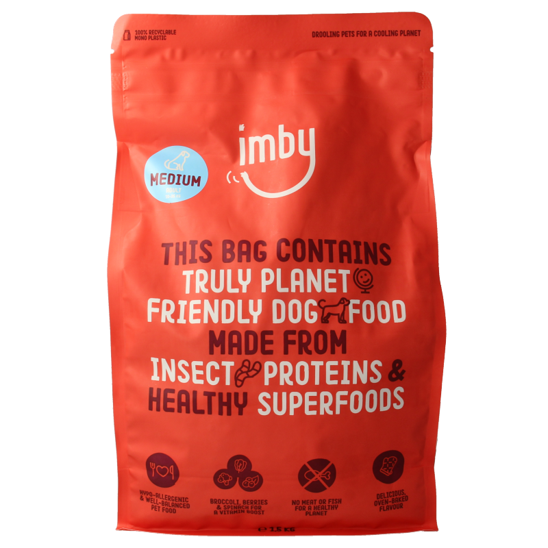 Imby Pet Food insect protein dog food for medium-sized dogs, 10-35kg, 1500g bag, high-quality dierenvoeding for dogs.