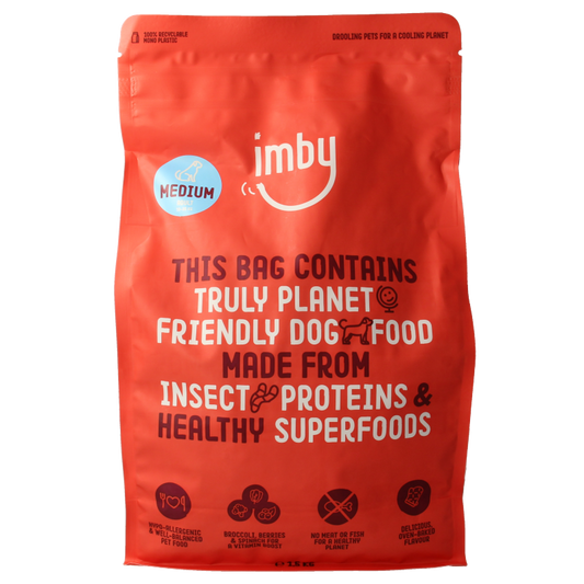 Imby Pet Food insect protein dog food for medium-sized dogs, 10-35kg, 1500g bag, high-quality dierenvoeding for dogs.