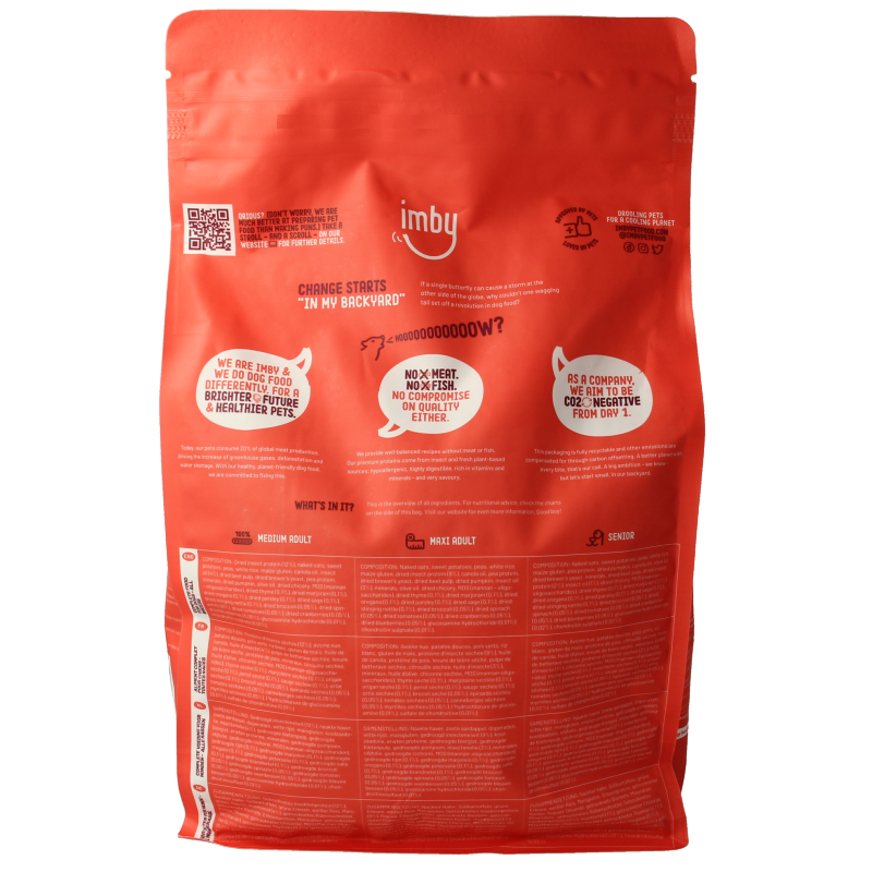 Imby Pet Food insect-based dog food for medium-sized dogs, 10-35kg, 1500g package, featuring high-quality ingredients.