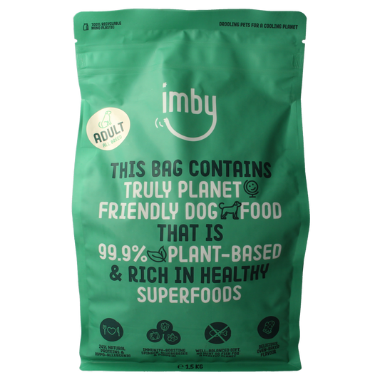 Imby Pet Food adult vegan dog food in 1500g bag, high-quality plant-based pet nutrition for dogs.