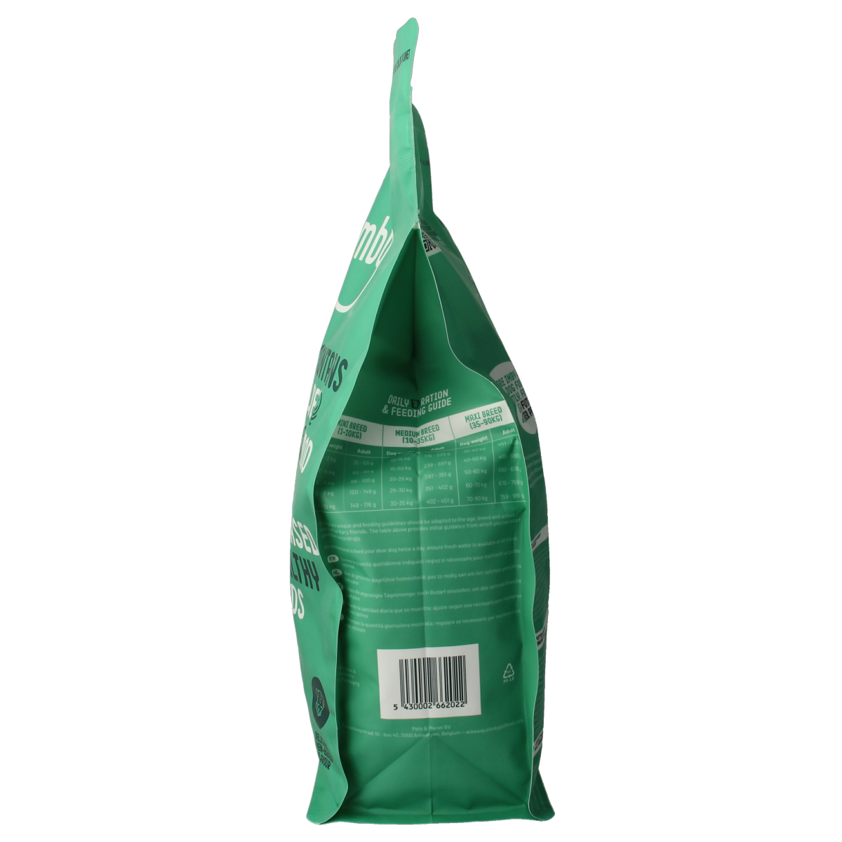 Imby Pet Food vegan dog food bag with 1500g of adult dog kibble, featuring plant-based ingredients and eco-friendly packaging.