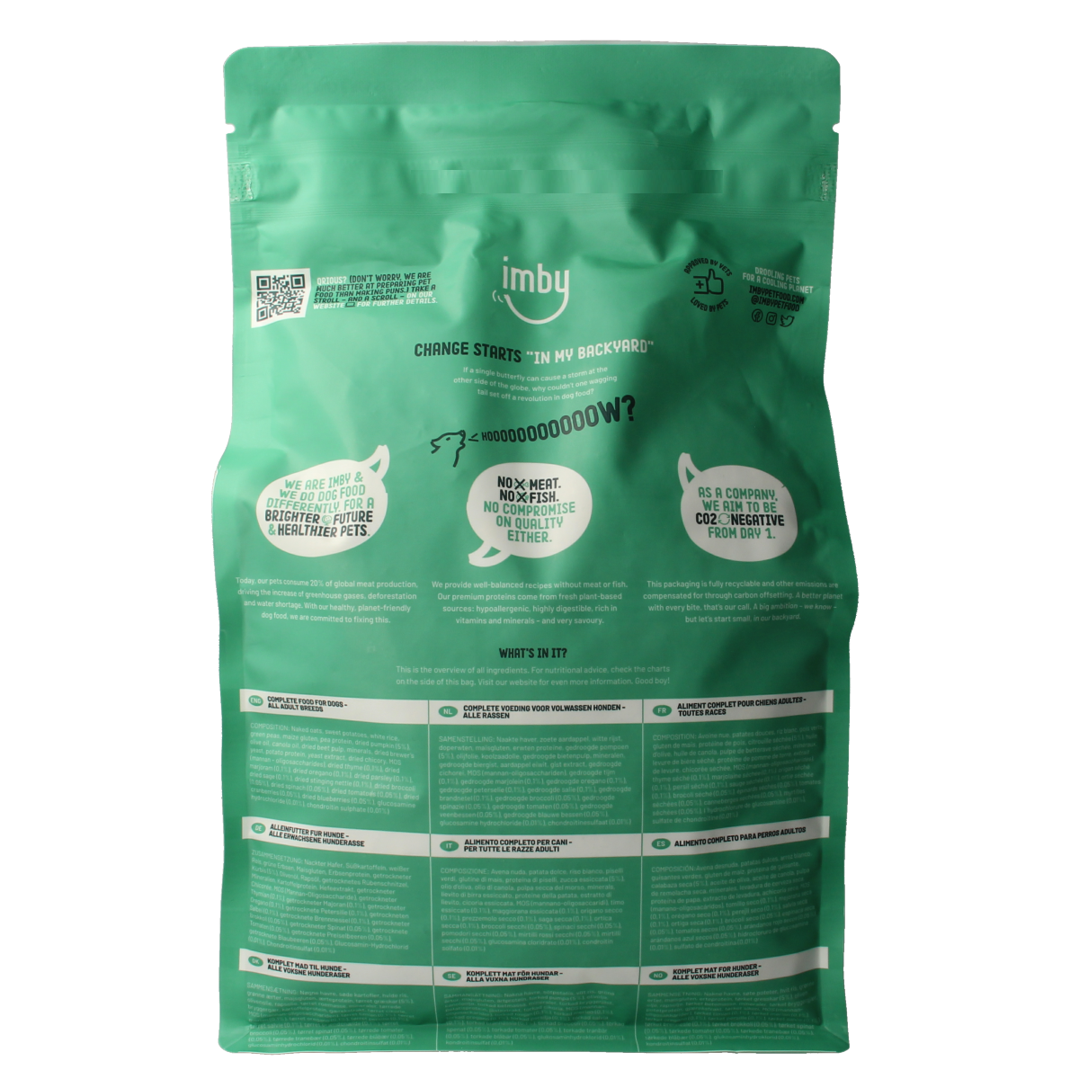 Imby Pet Food vegan dog food in a 1500g bag, suitable for adult dogs, with natural ingredients and plant-based nutrition.
