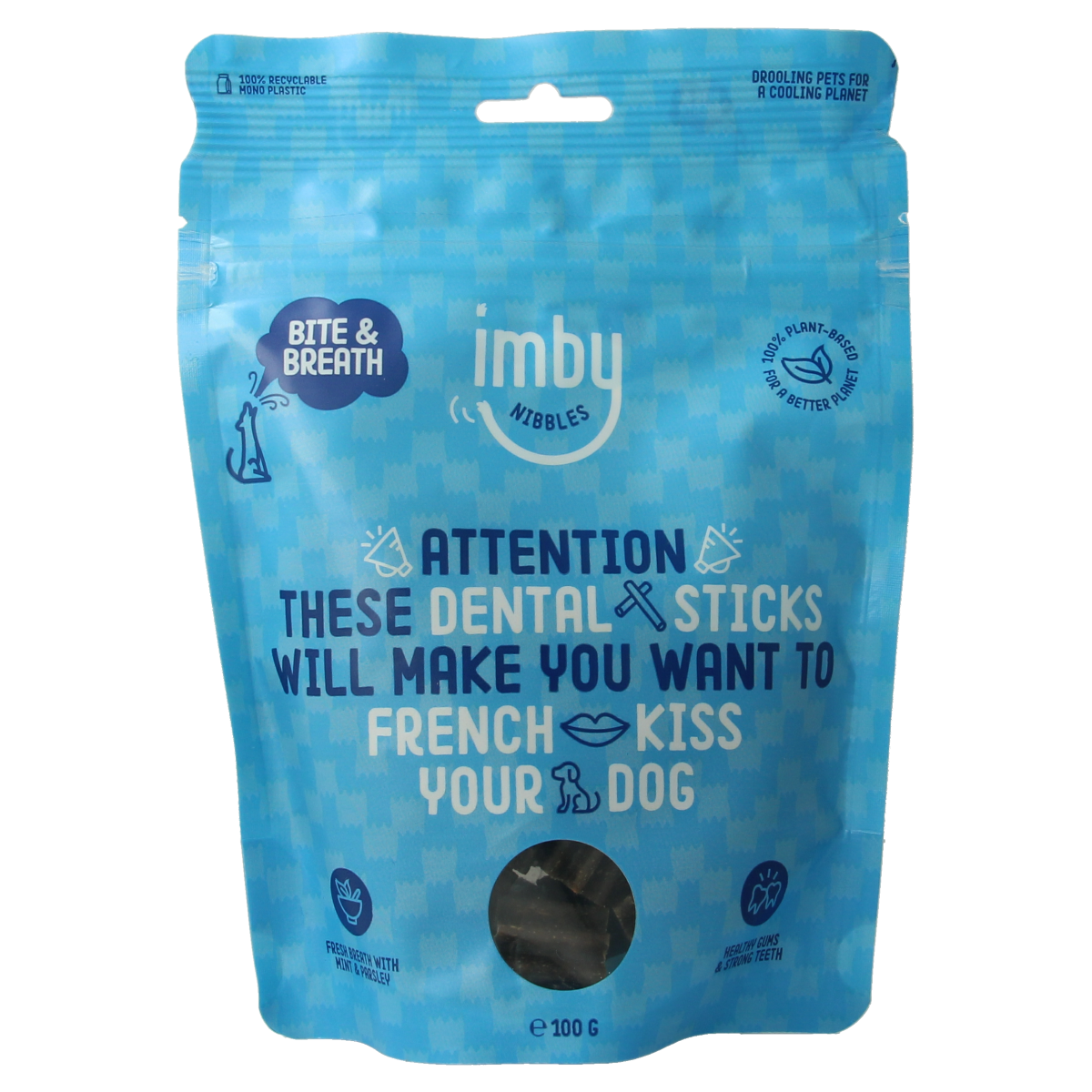 Imby Pet Food vegan dental stick for dogs, 100g, natural pet food chew with healthy ingredients, designed to promote dental health.