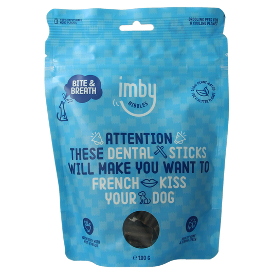 Imby Pet Food vegan dental stick for dogs, 100g, natural pet food chew with healthy ingredients, designed to promote dental health.