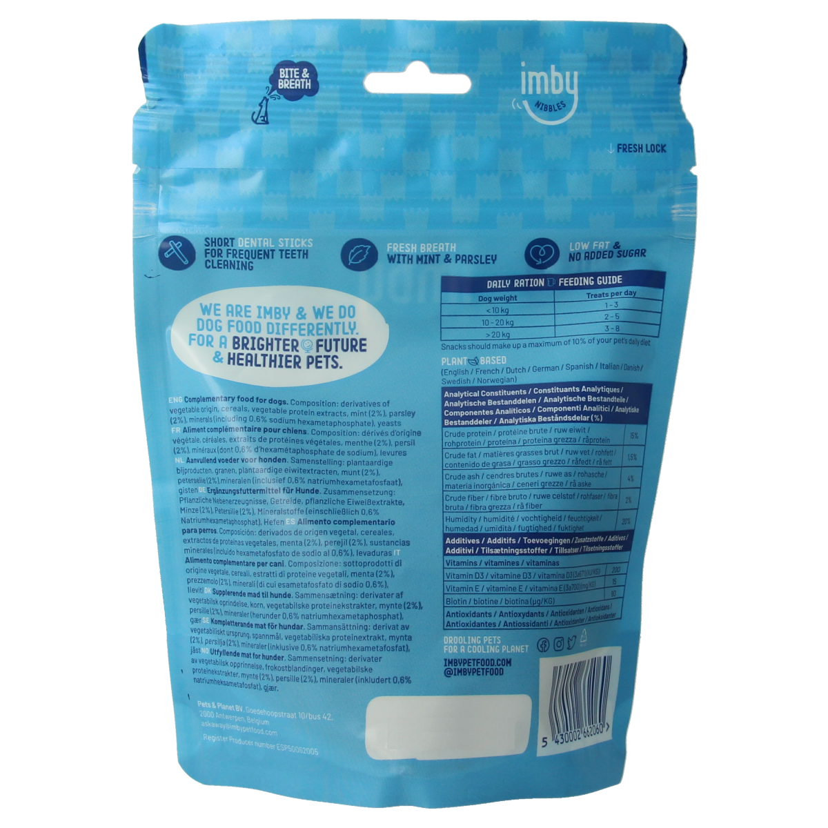 Imby Pet Food vegan dog dental stick, 100g, natural pet treat for dental health and vegan nutrition.