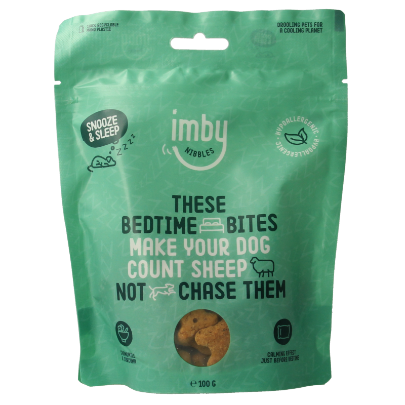 Imby Pet Food vegan dog treat biscuits in a 100g package, made with plant-based ingredients for dogs.