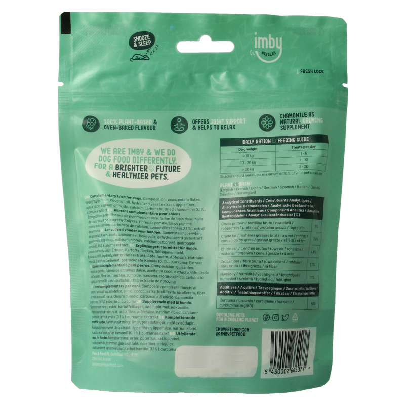Imby Pet Food vegan dog treat biscuits made from plant ingredients, 100 grams, displayed in a container with biscuits.