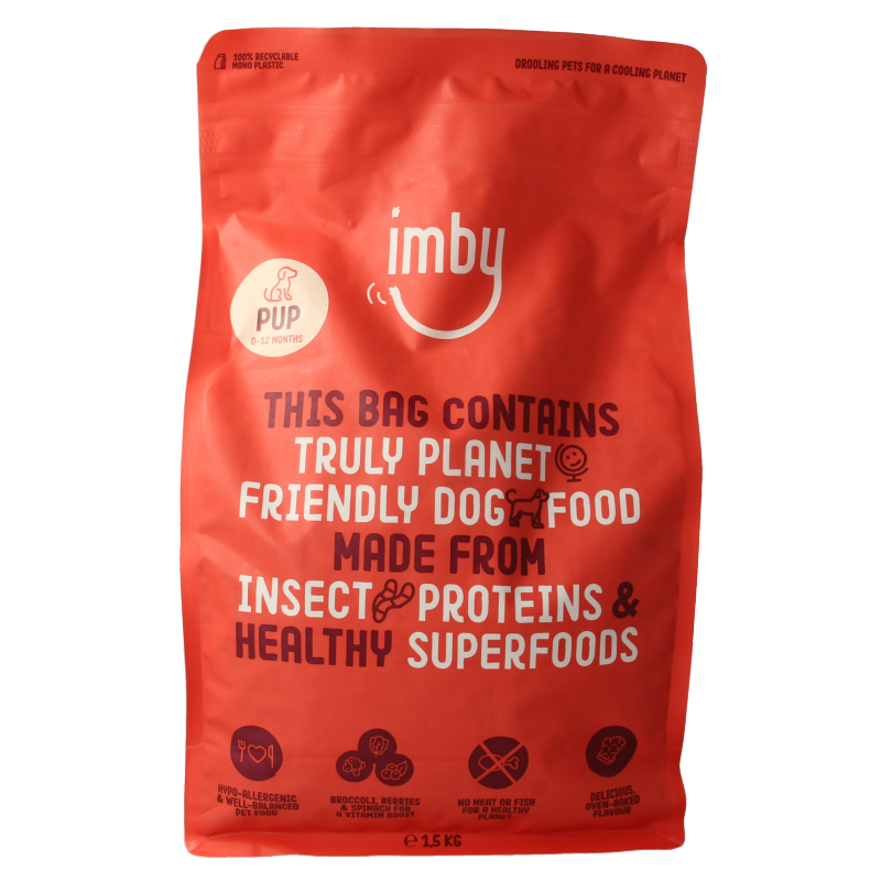 Imby Pet Food insecteneiwit puppy hondenbrokken for 1-12 months, 1500 grams, high-protein dog food for puppies.