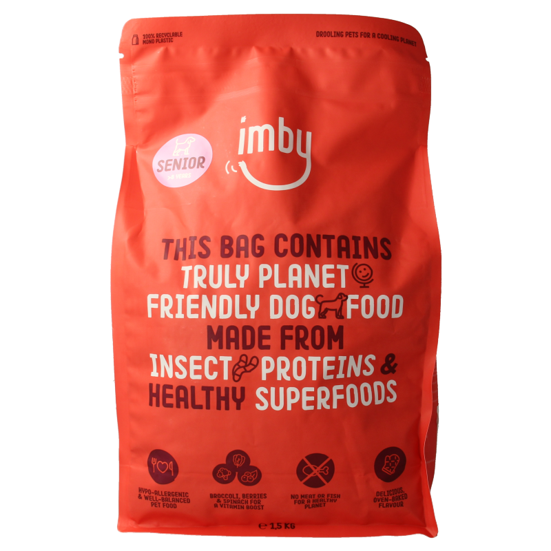 Imby Pet Food senior dog food with insect protein, 1500g, showing the packaging for dogs aged 8 and older.