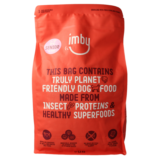 Imby Pet Food senior dog food with insect protein, 1500g, showing the packaging for dogs aged 8 and older.