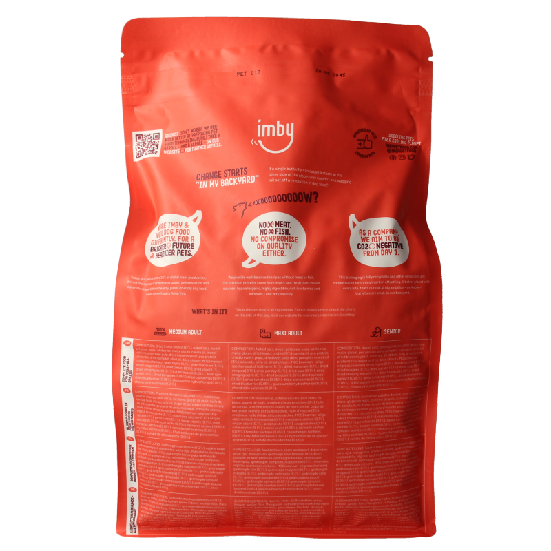Imby Pet Food senior dog food with insect protein, 1500g bag, suitable for dogs 8+ years, in a resealable package.